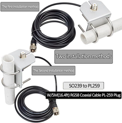 HYS L Shape Mount Mobile Antenna Bracket SO239 to PL-259 W/16.4ft(5m) Low Loss RG-58 Coaxial Cable, Heavy Duty Aluminum with 2pcs U-Bolts for PL25...