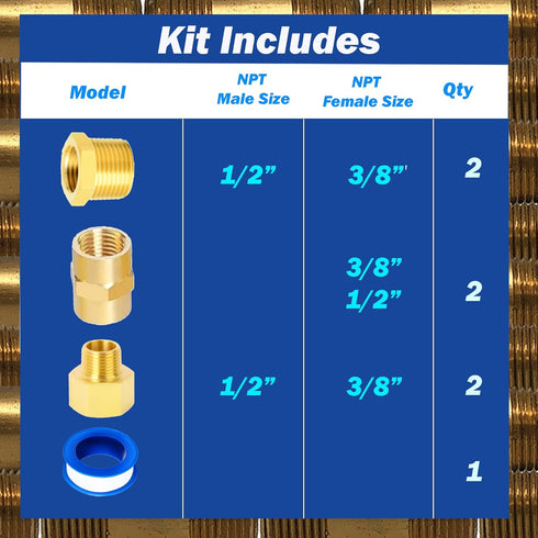 Brass Fitting 7pcs, 1/2" X 3/8" NPT Kit, Reducing Adapter, Reducing Hex Nipple, Hex Bushing...