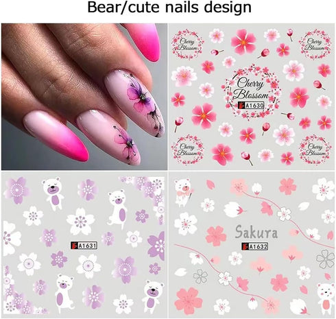 12 Pcs Spring Nail Stickers Pink Cherry Flowers Nail Water Decals Floral Nail Art Stickers Decals Holiday Transfer Foil Nail Stickers Self-Adhesiv...