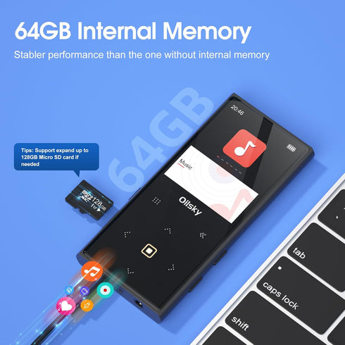 64GB Mp3 Player Bluetooth 5.0, Oilsky Portable Digital Lossless Music Player with FM Radio, Built-in Speaker, Touch Button, Voice Recorder, Lightw...