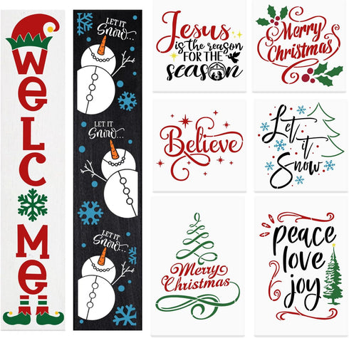 Christmas Welcome Stencils for Painting on Wood,Let It Snow Stencil for Porch Sign Merry Christmas Believe Snowman Drawing Templates for Shirts Pi...