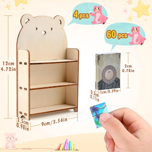64Pcs Mini Bookcase Toy Book Shelf Wood Doll House FurnitureModel Library Decor Four Floors Storage Shelves Pretend Play 1:12 Accessories scene Ha...