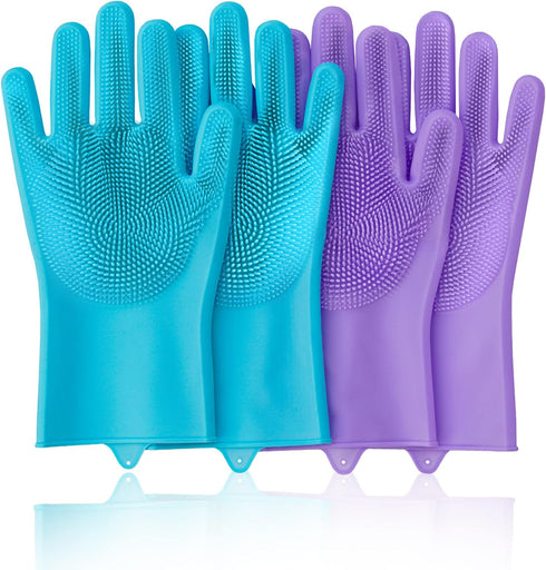 2 Pairs of Dishwashing Gloves, Kitchen Gloves for Washing Dishes, Reusable Silicon Gloves for Cleaning, 13.6 inches Purple and Blue Medium Dish Wa...