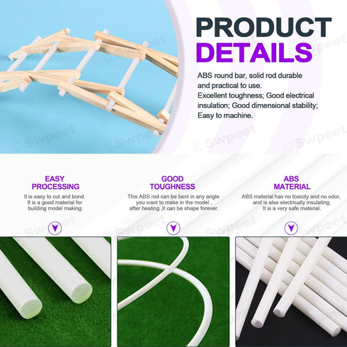 Swpeet 15Pcs Milkly Plastic Rods Assortment Kit, Diameter 3mm Length 250mm Material ABS Round Stick Round Solid Bar DIY Model for DIY Toys Buildin...