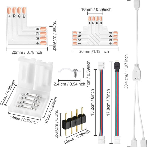 5050 4 Pin RGB 10mm LED Strip Connector Kit RGB Extension Cable, LED Strip Jumper, 2 Way RGB Splitter Cable, L Connectors, T Connector, Gapless Co...