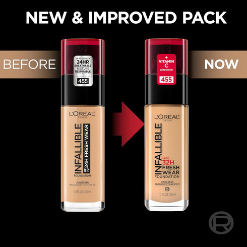 L'Oreal Paris Makeup Infallible Up to 32 Hour Fresh Wear Lightweight Foundation, 455 Natural Buff, 1 Fl Oz, Packaging May Vary...