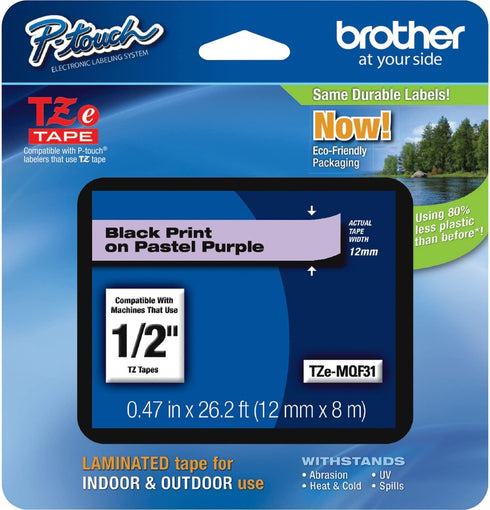 Brother Genuine P-touch TZE-MQF31 Tape, 1/2" (0.47") Wide Standard Laminated Tape, Black on Pastel Purple, Laminated for Indoor or Outdoor Use, Wa...