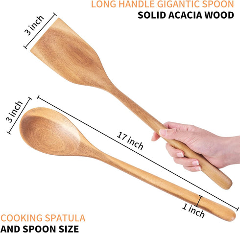2PCS Long Handle Gigantic Spatula Spoon Premium Acacia Wooden Spoons For Cooking 17''Large Soliod Wooden Cooking Spoons Smooth Finish in Large Sty...
