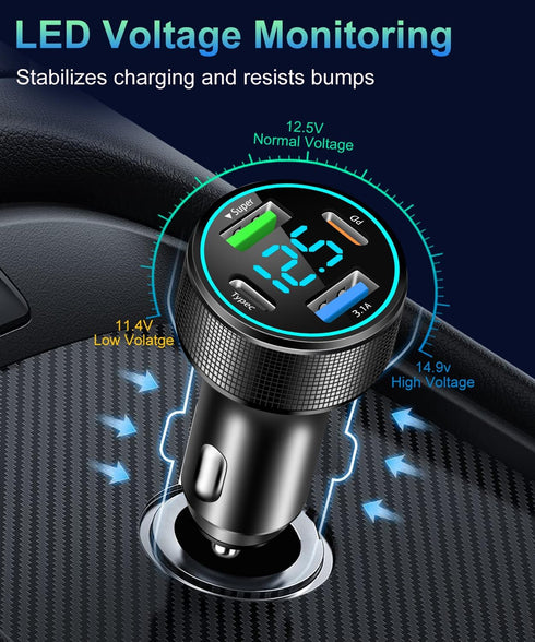 66W USB C Car Charger 4 Port Car Charger Adapter with 30W PD, 3.1A Aluminium Alloy Car Cigarette Lighter USB Charger with LED Voltmeter Compatible...