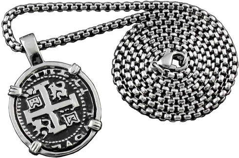 Piece of Eight Coin Pendant Necklace Pirate Spanish Jewelry + 316L Stainless Steel Chain...