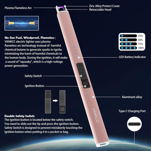 Electric Candle Lighter Plasma Arc Lighters USB Long Stick Lighters Windproof Flameless with Rechargeable Battery Safety Lock for Candle Camping B...