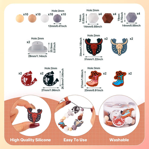66Pcs Western Cowboy Focal Beads Silicone Keychain Making Kit Cow Horse Animal Beads Cowboy Hat Boots Round Hexagon Spacer Beads for Crafts DIY Pe...