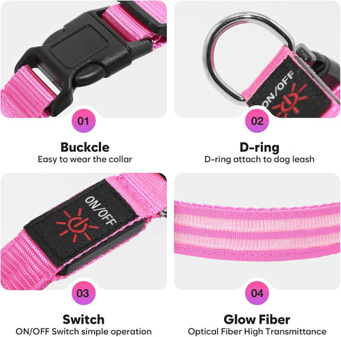 LED Dog Collar - HIGO USB Rechargeable Light Up Dog Collars, Pet Safety Collar Light Makes Your Dogs Be Seen at Night for Large Dogs (Pink, Large)...