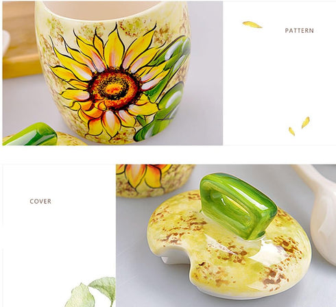 Ceramic Sugar Bowl Sunflower Painting Salt Pepper Storage Jar with Lid And Spoon...
