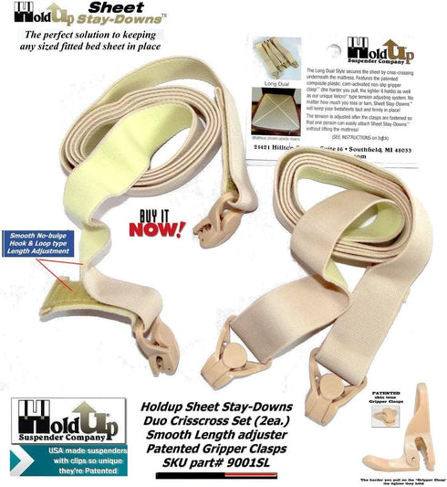 Hold-Up Brand Crisscross Fitted Sheet Strap Stay-Downs with US Patented Gripper Clasps...