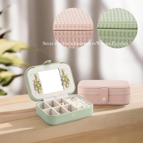 Vlando Small Travel Jewelry Box Organizer - Faux Leather Display Storage Case for Necklaces Earrings Rings, Woven Pink...