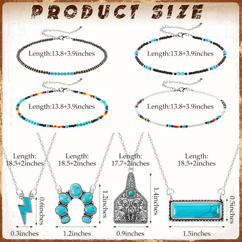 8 Pcs Western Necklaces Western Jewelry for Women Turquoise 4 Turquoise Boho Necklaces and 4 Cowgirl Beaded Choker (Classic Style)...