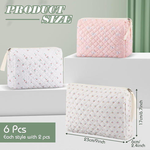 6 Pieces Coquette Makeup Bag Cotton Cosmetic Bag Cute Flower Makeup Bag Aesthetic Large Floral Makeup Pouch Quilted Travel Toiletry Bag Kawaii Stu...