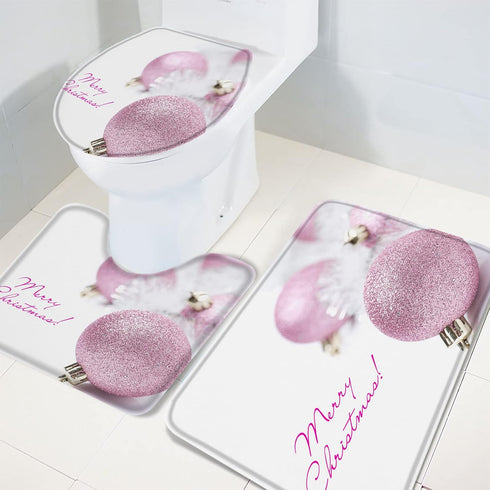 Savannan 3 Piece Christmas Bathroom Rug Set, Merry Christmas Pink Ball Decoration Soft Absorbent Bath Shower Mat, Contour Mat, Toilet Lid Cover wi...