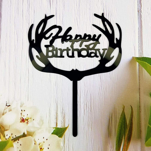 Antlers Happy Birthday Cake Topper Party Decorations (Black Acrylic)...