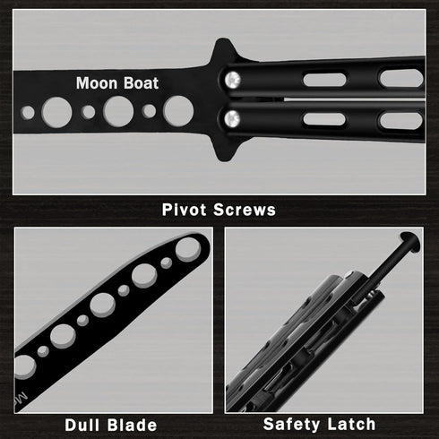 Moon Boat 2PCS Butterfly Knife Trainning Practice Comb Unsharpened Blade Black Silver...