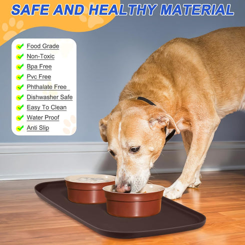 Silicone Pet Feeding Mat with Raised Edge, Dog Cat Bowl Mats for Food and Water, Pet Placemat for Floors Waterproof, 19” x 12” x 0.7” Brown...