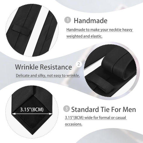 Black Tie Set in Gift Box Mens Solid Color 3.15" (8CM) Black Necktie and Pocket Square Set...