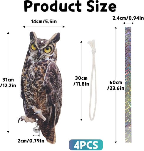 Owl to Keep Birds Away, 4Pack Bird Scarers Fake Owl Bird Reflective Devices to Keep Birds Away from Window Garden Farm...