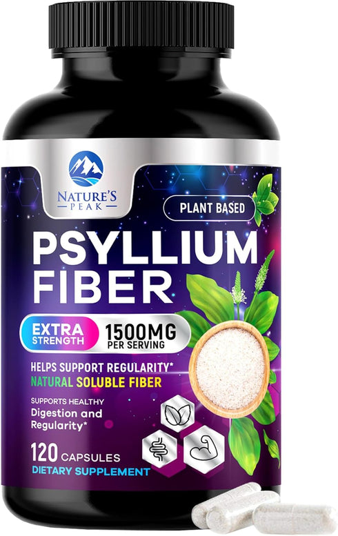 Psyllium Husk Powder Caps 1500mg - Non-GMO, Natural Soluble Fiber for Daily Digestive Health & Regularity Support, Vegan Psyllium Fiber Supplement...