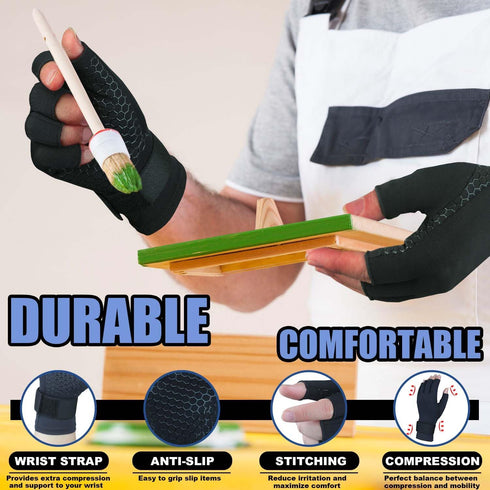 2 Pairs Copper Arthritis Gloves for Women Men, Compression Gloves with Adjust Strap for Arthritis, Wrist Support, Hand Pain, Fingerless Computer T...