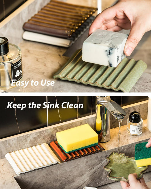 Soap Dish for Countertop with Self Drain, Ceramic Bar Soap Holder for Sink, Japanese Soap Saver for Shower, with Self Drain, Lift Soap Keep Dry, Y...