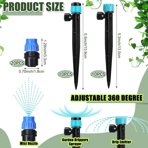40 Pcs Fast Connect Drip Irrigation Emitters Kit Include 20 Mist Nozzles, 10 Drip Emitters and 10 Dripper Sprayers for 1/4" Garden Watering Tubing...