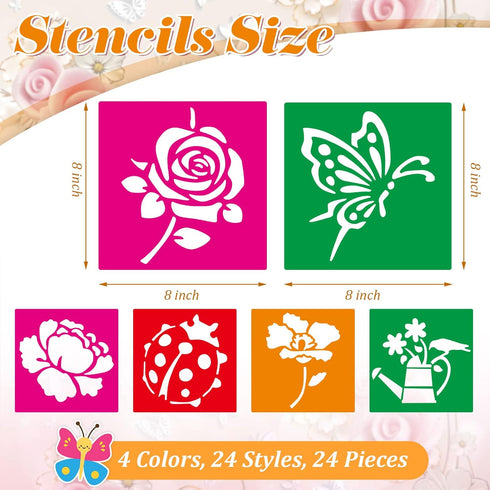 24 Pieces Spring Stencils for Kids 8 Inches Summer Drawing Stencils Chalk Stencils Large Washable Garden Flower Butterfly Themed Primary Shape Tem...