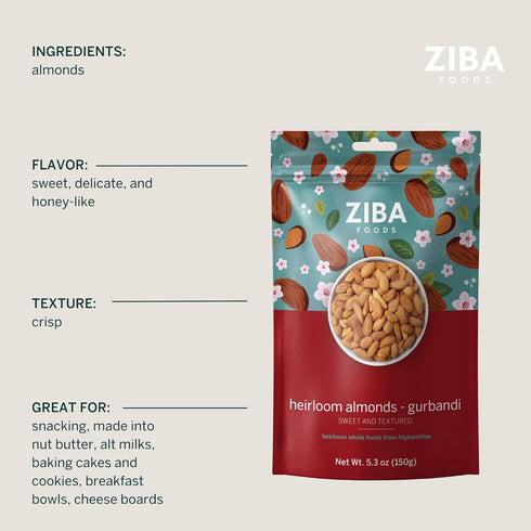Ziba Foods Heirloom Gurbandi Raw Almonds | Non-GMO, Vegan, Whole 30 Friendly, Keto & Paleo | Heirloom Superfood Naturally High In Vegan Protein & ...