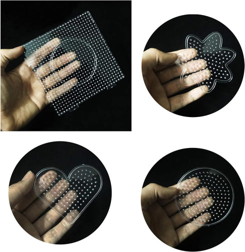 Allazone 5 mm 10 Pack Fuse Beads Boards, Large Round Square Clear Plastic Pegboards with 6 PCS White Beads Tweezers, 10 PCS Ironing Paper and Keyc...