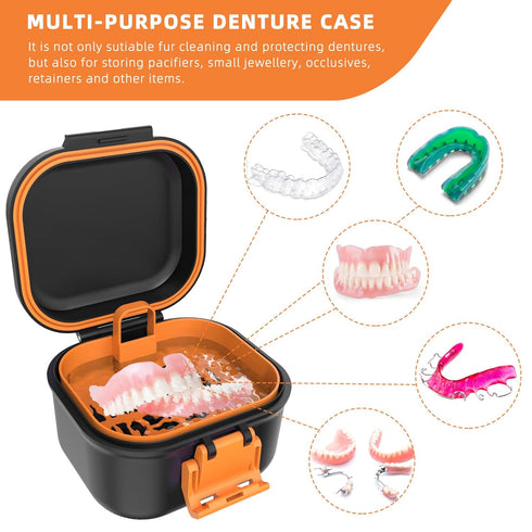 ARGOMAX Leak Proof Denture Bath Cup, Portable Soaking Denture Box, Denture Bath Case with Strainer, for Dentures and Braces (Black + Orange)....