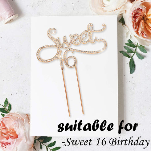 Sweet 16 Cake Topper for 16 Years Birthday Or 16th Wedding Anniversary Crystal Rhinestone Party Decoration Silver (Gold)...