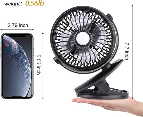 Battery Operated Clip on Fan, Portable Rechargeable USB Personal Fan 3 In 1 with hook and LED for camping, stroller, car seat, office...