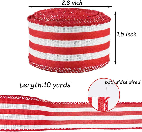 Ribbon Wired,1-1/2”x10 Yard,Red White Stripe Ribbon for Easter, Christmas, Wreath, Spring,Independence Day. Summer, Wedding, Baby Shower, Birthday...