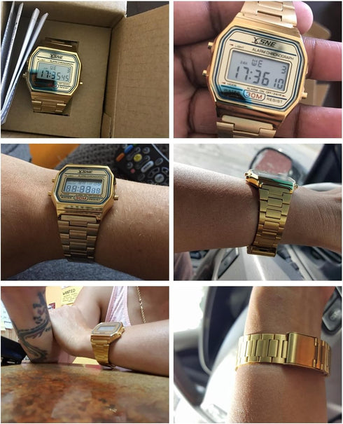 Digital Sports Watch Men's Women Water Resistant Outdoor Stainless Steel Band Electronic Square LED Back Light Classic Wristwatch Gold 1123...