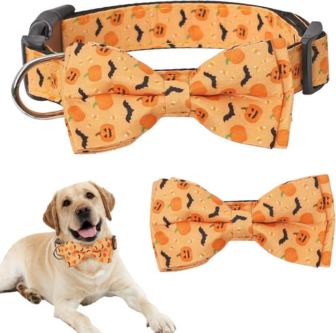 Halloween Dog Collars Middle Orange Dog Bow Tie Collar Adjustable Pumpkin Dog Collar Halloween Theme Dog Bowties with Plastic Buckle Halloween Pet...