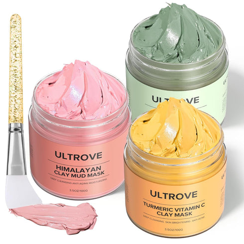 3 Pcs Clay Mask Set, Green Tea, Turmeric Vitamin C, Himalayan Clay Mask, Facial Skin Care Mask for Deep Cleansing, Soothing & Refining Pores(3.5oz...