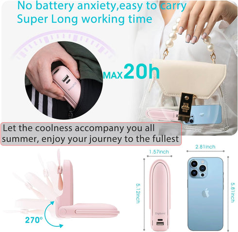 Pink Handheld Fan, Portable Fan Bullet Shape 3000mAh USB Rechargeable Battery Operate 6 IN 1 Personal Fan Foldable Lightweight Travel Essential wi...