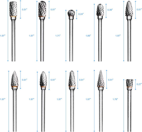 Rotary Burr Set, 10pcs Tungsten Carbide Rotary Burrs Set Double Cut Points Files Grinder Fit Rotary Tool for Engraving Wood Working Carving Polish...