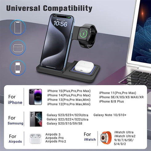 Wireless Charger 3 in 1 Wireless Charging Station for Multiple Devices 15W Fast Charging Stand for iPhone 15 14 Pro Max 13 12 11 XS XR 8 Plus, Air...