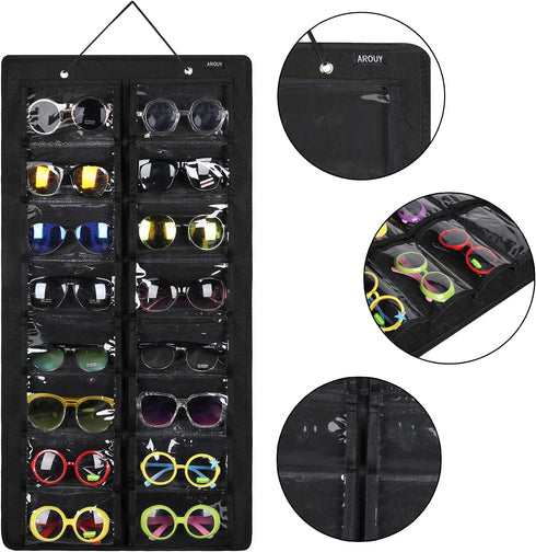 AROUY Sunglasses Organizer Storage, Hanging Dust Proof Wall Pocket Glasses Organizer - 16 Felt Slots Sunglass Organizer Holder with Metal Hook and...
