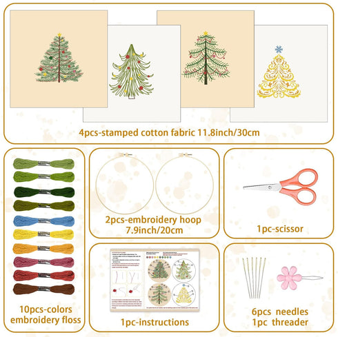 BEUNITONE 4PCS Christmas Tree Embroidery Kit Merry Christmas Stamped Cross Stitch Kit Snowflake Pine Tree Needlepoint Kit DIY Adult Beginner Stamp...
