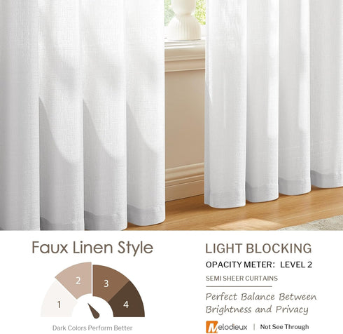 Melodieux White Semi Sheer Curtains 63 Inch Length for Bedroom Living Room, Farmhouse Linen Texture Light Filtering Home Office Shiny Sheer Drapes...