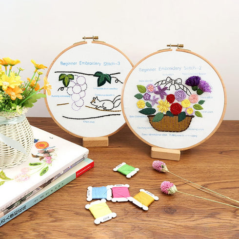 MAMUNU Embroidery Stitch Practice Kits, 3 Sets Animal Flower Stamped Pre Printed Cross Stitch Kits, Full Range of Embroidery Starter Kit with Hoop...