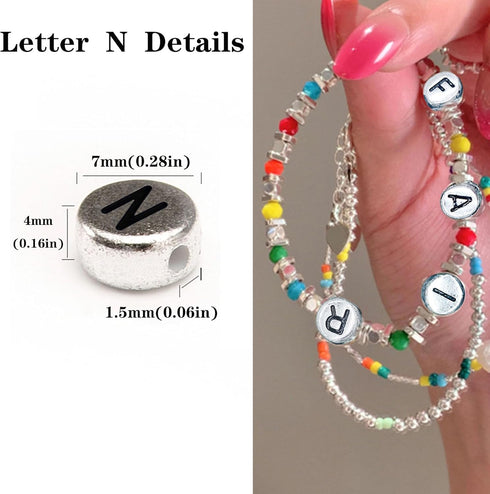 200Pcs Round Ancient Silver Letter N Beads,4x7mm Flat Letter-N Beads for Bracelets,Alphabet Beads for Jewelry Making DIY Necklaces Crafts Supply(S...